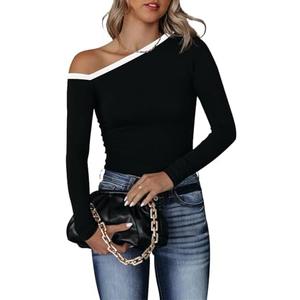 BONITEE Women Off The Shoulder Asymmetrical Tops Long Sleeve Boat Neck Clothes Casual Dressy Blouse Shirts, Size M, Black