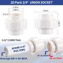 3/4" PVC Union Coupling Pipe Fitting (Socket x Socket), 20 Pack Heavy Duty for DIY Creations, Schedule 40 Adapter