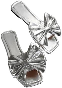 GORGLITTER Women's Bow Sandals Gold Square Open Toe Boho Dressy Cute Wedding Vacation Summer Slides Shoes 2025 Size 40