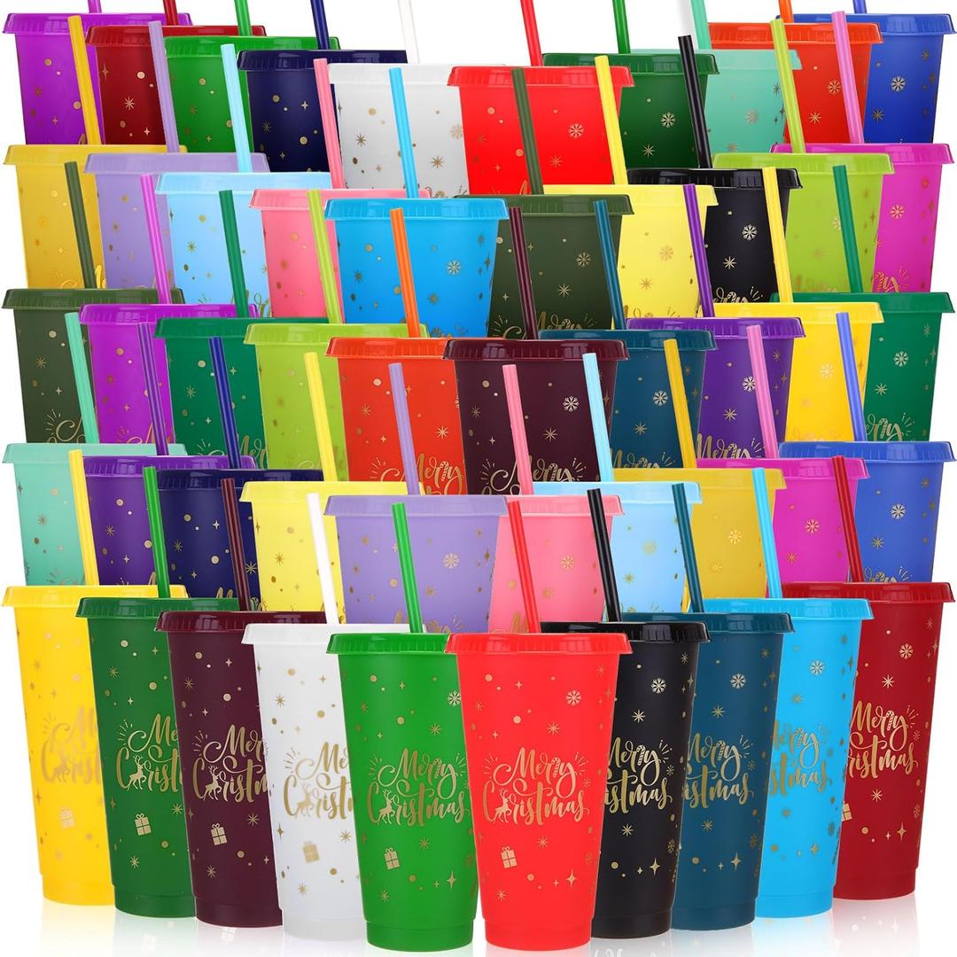 Honeydak 50 Pcs 24oz Christmas Cup Tumbler with Straw and Lid, Bulk Christmas Gifts, Holiday Reusable Plastic Cups, Water Bottle, Iced Coffee Travel Mug Cup for Party (Xmas Words and Patterns)
