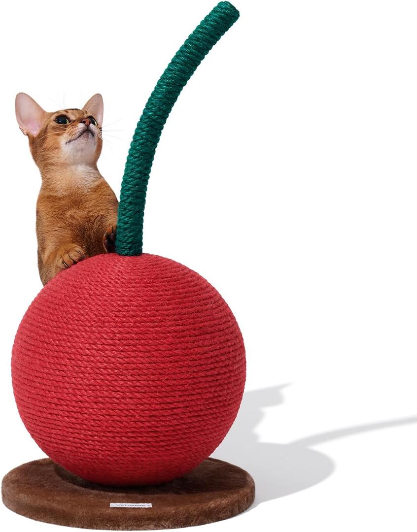 VETRESKA Cherry Cat Scratching Post, 22.64" Tall Cat Scratcher with Sisal Rope Ball, Vertical Cat Scratch Post Claw Scratchers for Indoor Cats, Kitten Supplies (Cherry Scratching Post)