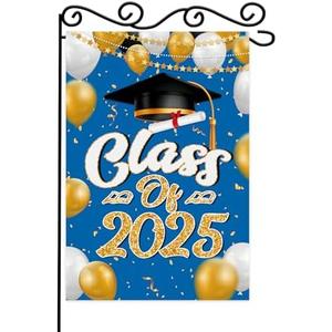 Class of 2025 Congrats Grad Decorative Garden Flag,Blue Gold Graduation Cap Diploma Medal Yard Outside Home Decoration, High School College Outdoor Small Decor Double Sided 12x18, Pack of 3