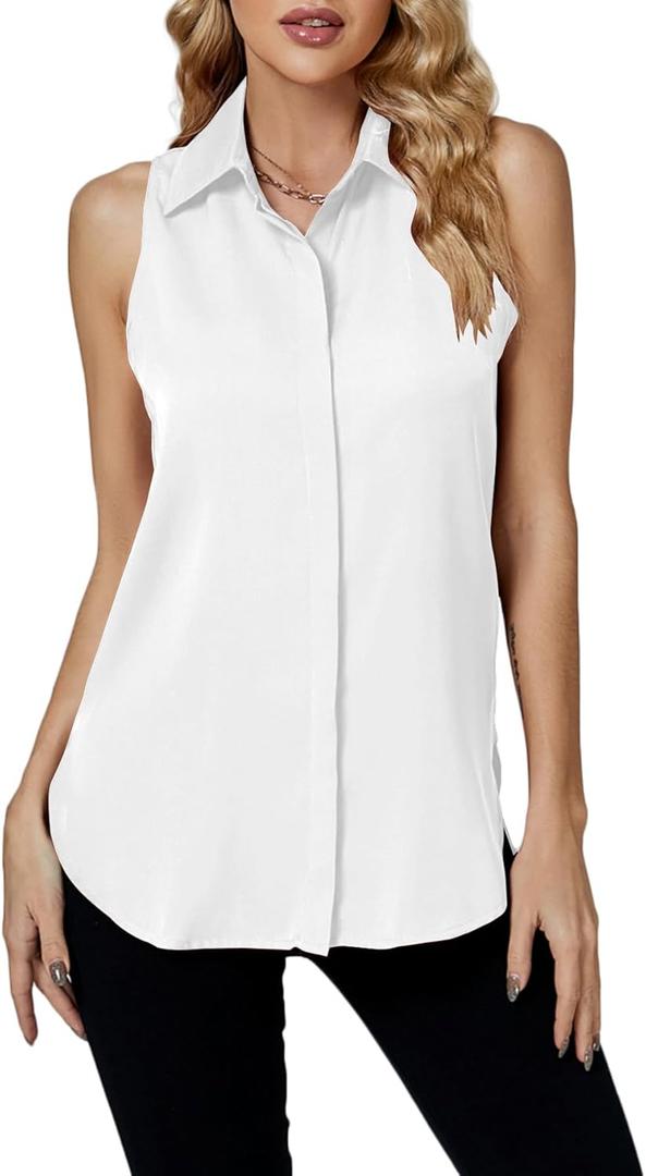 LYANER Women's Casual Collar Sleeveless Button Down Tank Top Blouse Shirt (Large, White)