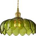 Vintage Glass Pendant LightGreen Flower Ceiling Pendant LightGold Adjustable Hanging Wire for Kitchen Island Dining Room Bedroom Hallway (10Inch - Green(D))