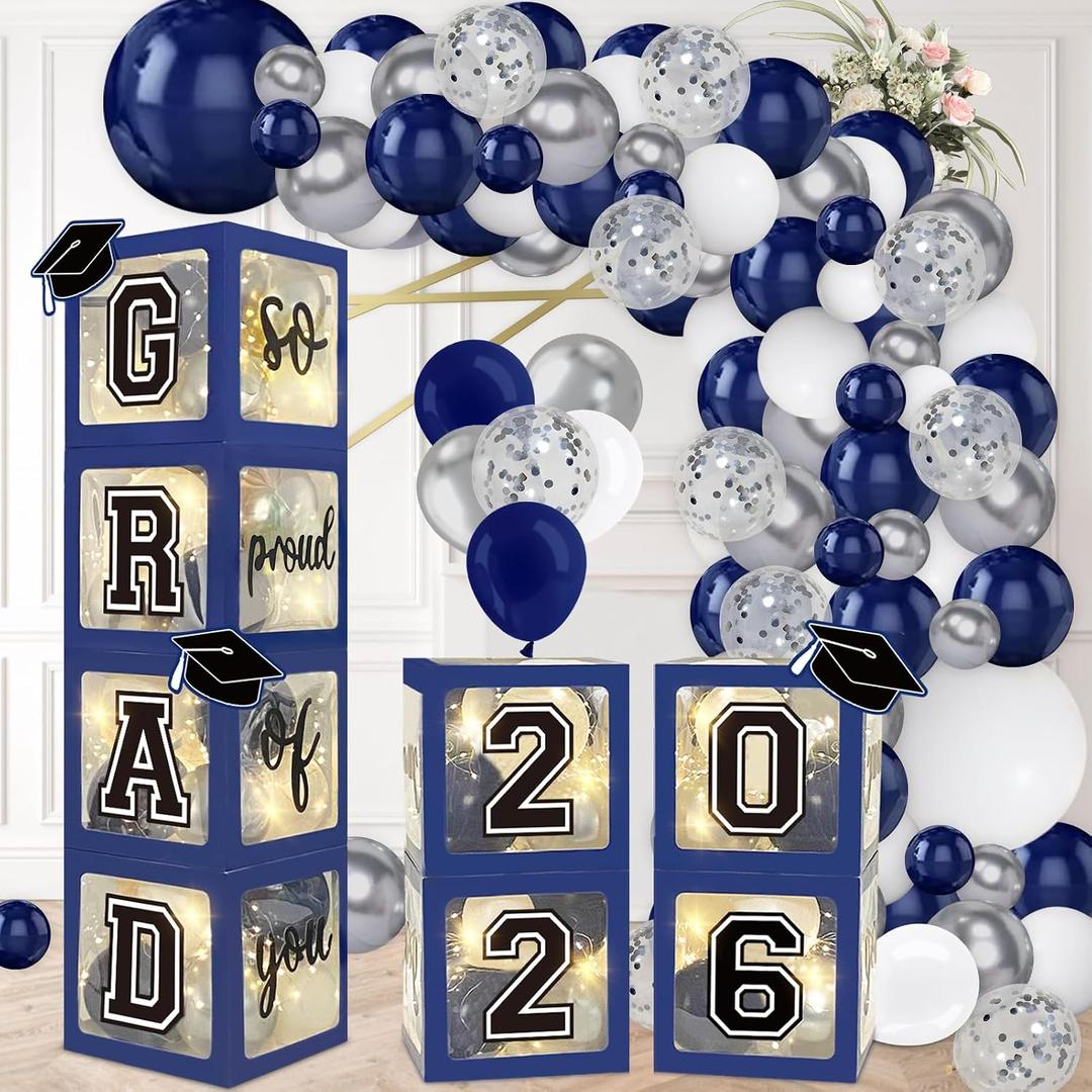 DAZONGE Navy Blue Graduation Decorations 2026 - Set of 4 Grad Balloon Boxes with 139pcs Balloon Arch Garland Kit & 4 Lighted Strings - So Proud of You 2026 Graduation Decorations
