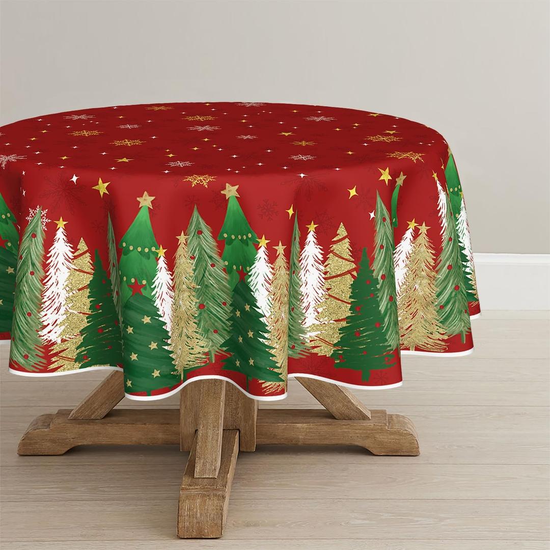 Christmas Tablecloth 60x60 Inch Round, Christmas Trees Red Washable Table Cover for Party Picnic Dinner Decor
