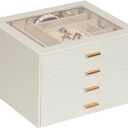 Jewelry Box with Glass Lid, 4-Layer Jewelry Organizer for Women Girls, PU Leather Display Case with 20-Grid Earring Tray & Movable Dividers for Necklaces Rings - Cloud White