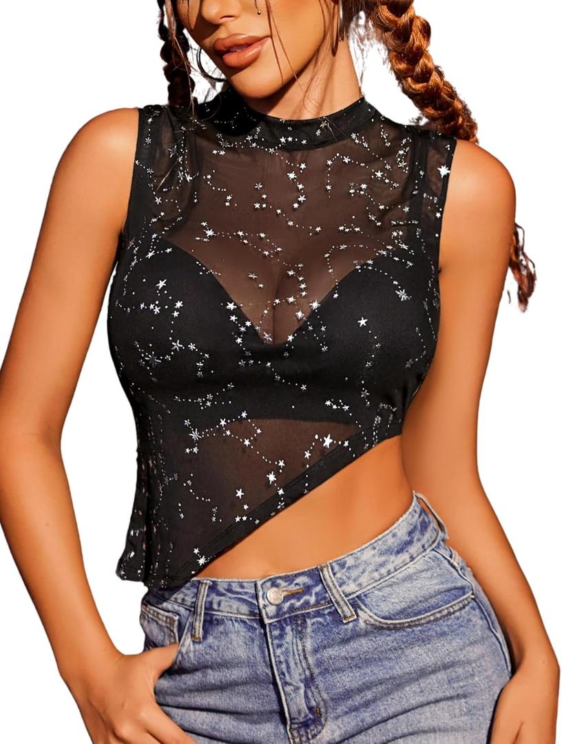 Avidlove Women Camisole Tops Sheer Mock Neck Tank See Through Summer Mesh Shirts Asymmetrical Top Clubwear Silver Star Medium (Black)