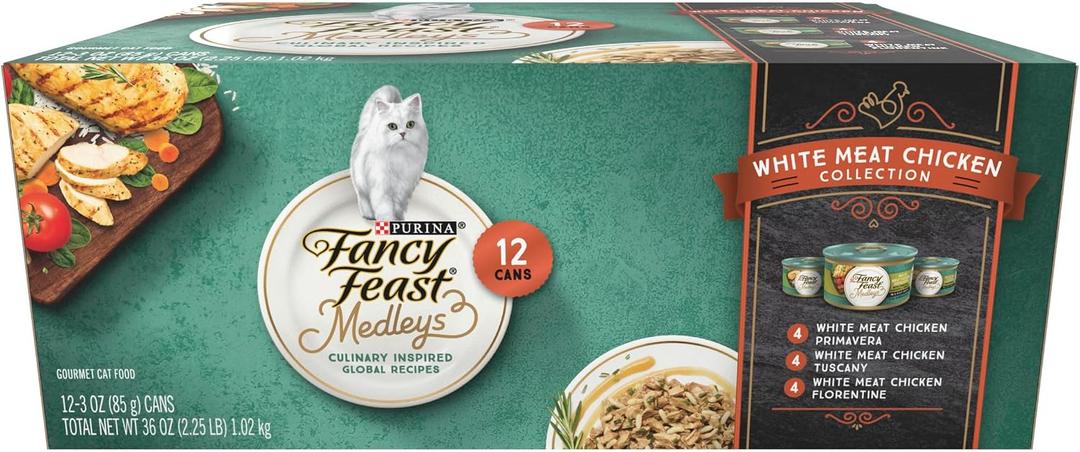 Purina Fancy Feast Wet Cat Food Variety Pack, Medleys White Meat Chicken in Sauce Collection - (Pack of 12) 3 oz. Cans (EXP 09/01/26)