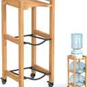 3-Tier 5 Gallon Water Jug Holder with Top Shelf, 4 Metal Wheels or Adjustable Feet, Natural Hardwood Water Dispenser Floor Stand, Wooden Organizer for Kitchen, Office, Garage Space-Saving Design