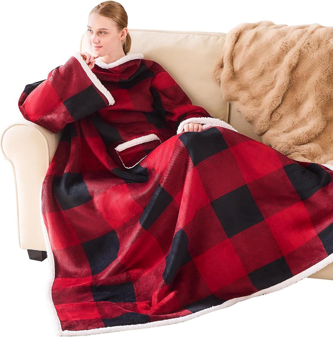 IFNOW Sherpa Wearable Blanket with Sleeves for Women Men Adults, Christmas Birthday Gifts for Women Mom Wife, Cozy Wearable Blanket with Arm and Pocket, Warm Full Body TV Wrap Throw Blanket, Plaid
