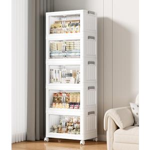 Hanyi 175 QT Stackable Storage Bins with Lids, 5 Tier Collapsible Plastic Storage Cabinet with Magnetic Doors, Removable Top Lid, Locking Wheels, Closet Organizer for Bedroom, Pantry, Office