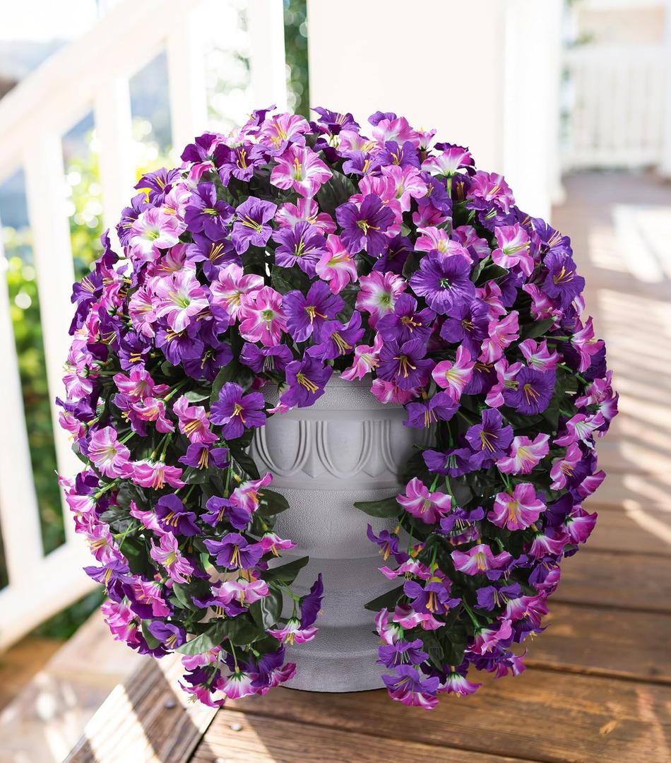 2 x HyeFlora Artificial Flowers for Outdoors, 2pcs Faux Hanging Morning Glory Silk Fake Flowers Lifelike Artificial Plants UV Resistant Flowers for Outside Planter Patio Garden Porch Decor (Purple Red)