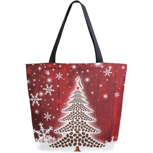 Naanle Christmas Canvas Tote Bag - Large Women's Casual Shoulder Handbag, Coffee Christmas Tree Reusable Multipurpose Heavy Duty Shopping Grocery Cotton Bag for Outdoors (15.7in (H) x19.7in (L) x 5.1in (W))