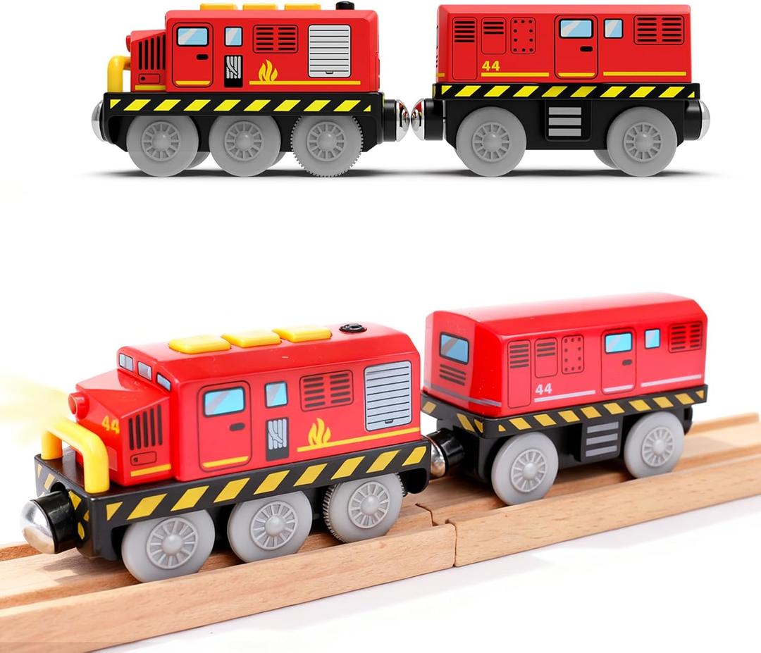 Battery Powered Locomotive Train Toy for Wooden Track, Motorized Fire Truck Car with Light&Sound Fit for Brio Train Railway Gift for Toddlers Boys Girls