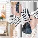 Abstract Mid Century Shower Curtain Boho Eucalyptus Leaves Botanical Black Geometric Lines Pattern for Minimalist Bathroom Decor Accessories Shower Curtain Set with 12 Hooks, 72x72 Inches