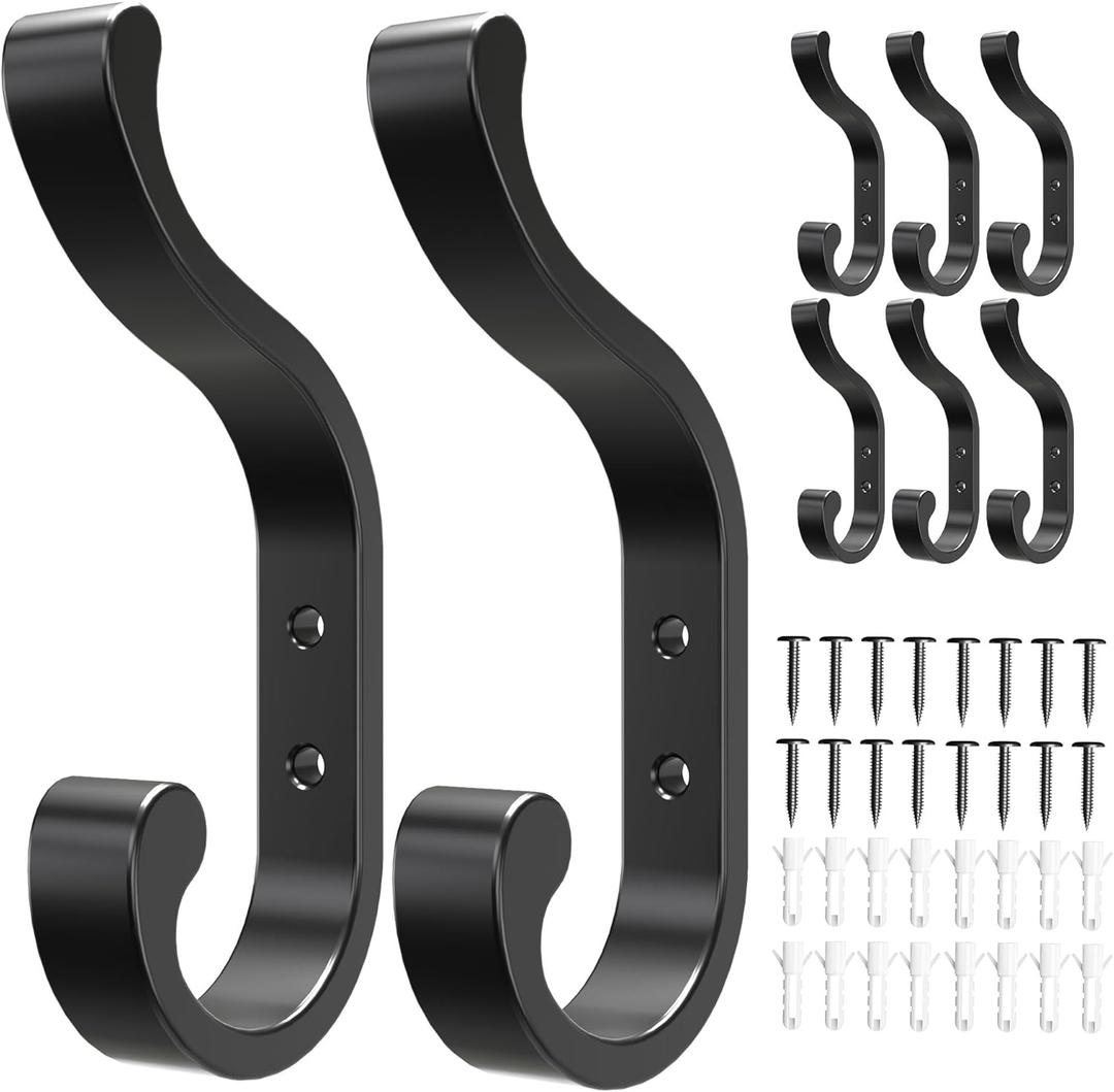 Coat Hanger Wall Mount 8-Pack - Wall Hooks for Hanging Heavy Duty (Black)