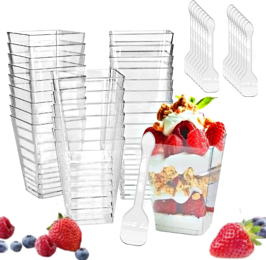 KETWOD 5-ounce transparent square dessert Cups (50 dessert Cups+50 Spoons)