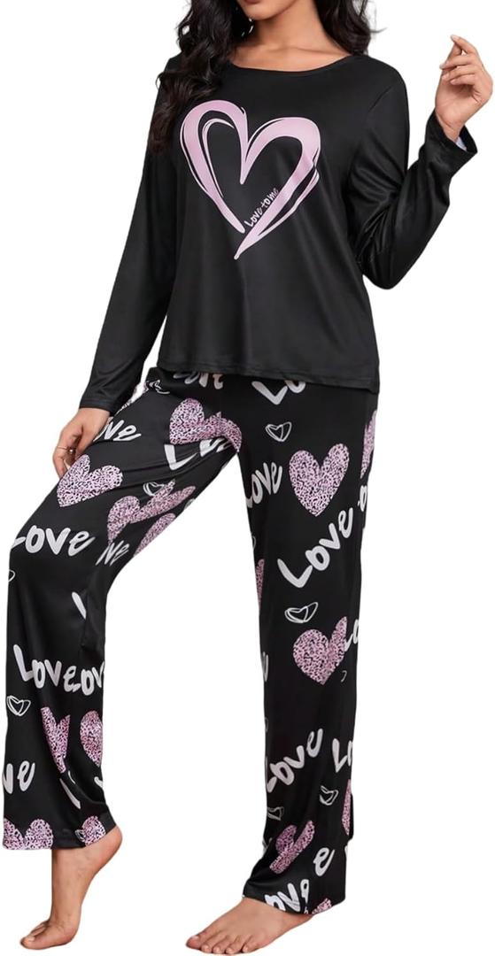 OYOANGLE Women's Pajama Sets 2 Piece Heart Printed Soft Pjs Long Sleeve Tops and Pants Sleepwear Sets (Black) Small