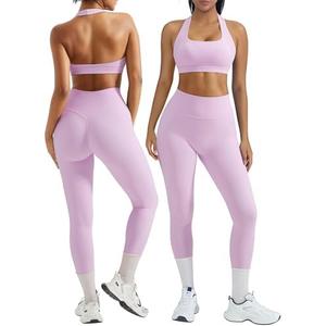 OMKAGI 2 Piece Workout Sets for Women Halter Sports Bras Gym Sets Booty Leggings Outfits, XS