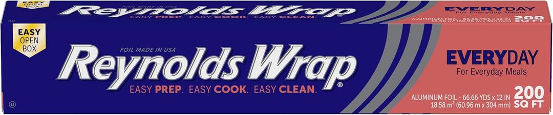 Reynolds Wrap Everyday Strength Aluminum Foil Roll, Freezer and Grill Safe, Great for Foil Packets and Home Cooking, 12 Inches Wide, 200 Total Sq. Ft.