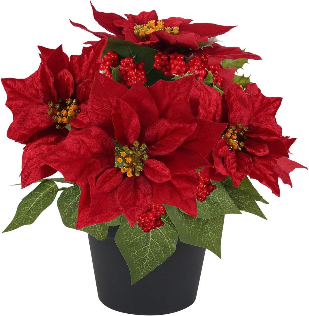 ZYZEV 14" Artificial Poinsettias Christmas Plants with Red Berry Fake Poinsettia Flowers in Pot for Home Garden Portch Office Indoor Outdoor Christmas Decorations Red
