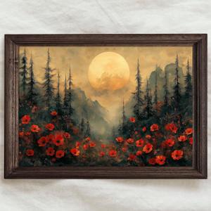 Vintage Landscape Canvas Wall Art Red Flower Painting Moon Landscape Poster Moody Landscape Print Nature Flower Pictures Moody Forest Painting Red Floral Artwork Moody Scenery Picture 16x24in No Frame (16L" x 24W", B)