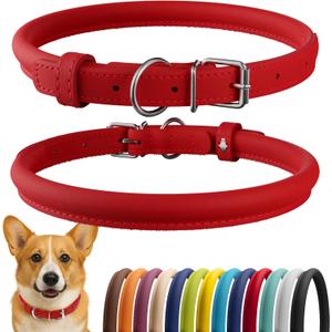 CollarDirect Rolled Leather Dog Collar, Soft Padded Round Puppy Collar, Handmade Genuine Leather Collar Dog Small Large Cat Collars 13 Colors (12-15 Inch, Red Smooth)