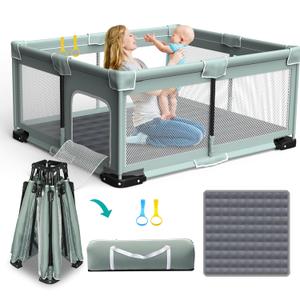 ICAREWAY Foldable Playpen for Babies and Toddlers, 71"x59" Inches Portable Playpen with Mat, Kids Collapsible Play Pen with 2 Handlers, Indoor & Outdoor Baby Play Area with Visible Mesh (Light Green)