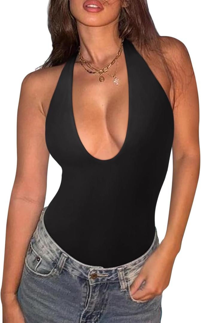 REORIA Bodysuits for Women Halter Tops 2025 Summer V Neck Backless Body Suits Tank Top Trendy Fashion Clothing (Small, Black)