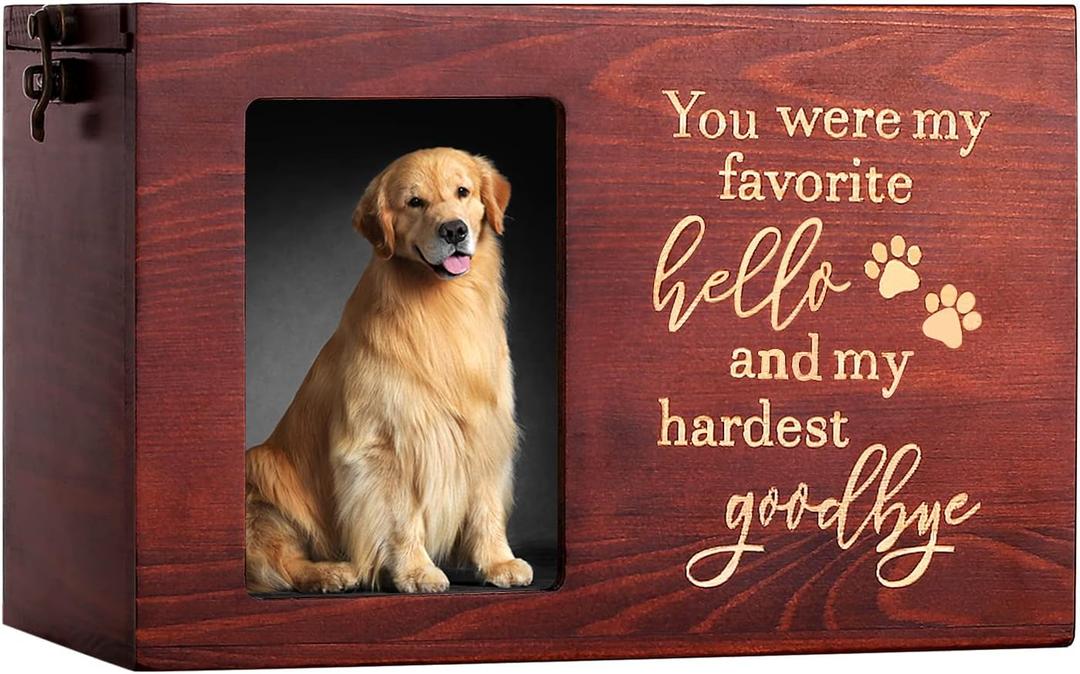 Pet Memorial Urns for Dog or Cat Ashes, Large Wooden Funeral Cremation Urns with Photo Frame, Keepsake Memory Box with Black Flannel Lining