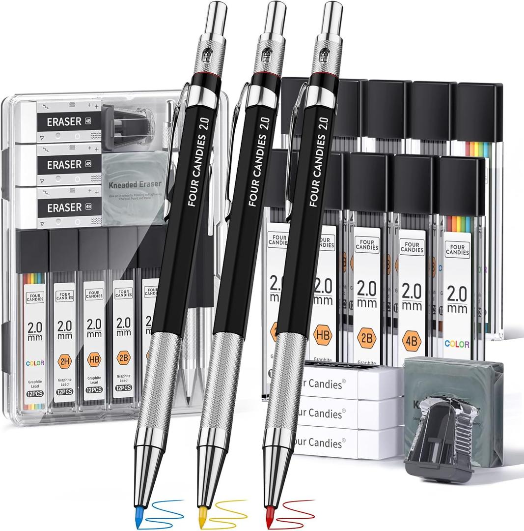 2 x Four Candies 19PCS 2MM Mechanical Drawing Pencils with Case, Metal Art Lead Pencil with 120 Graphite Lead Refills (HB 2H 2B 4B Color), Kneaded Eraser, Sharpener, for Drafting, Drawing, Sketching