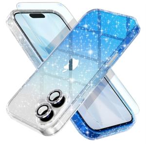Choiche Compatible for iPhone 17 Case, Women Cute Clear Glitter Bling Sparkly Case, [2 x Diamond Camera Lens Protectors] [2 x Tempered Glass Screen Protectors] 6.3-inch (Glitter Clear/Blue)