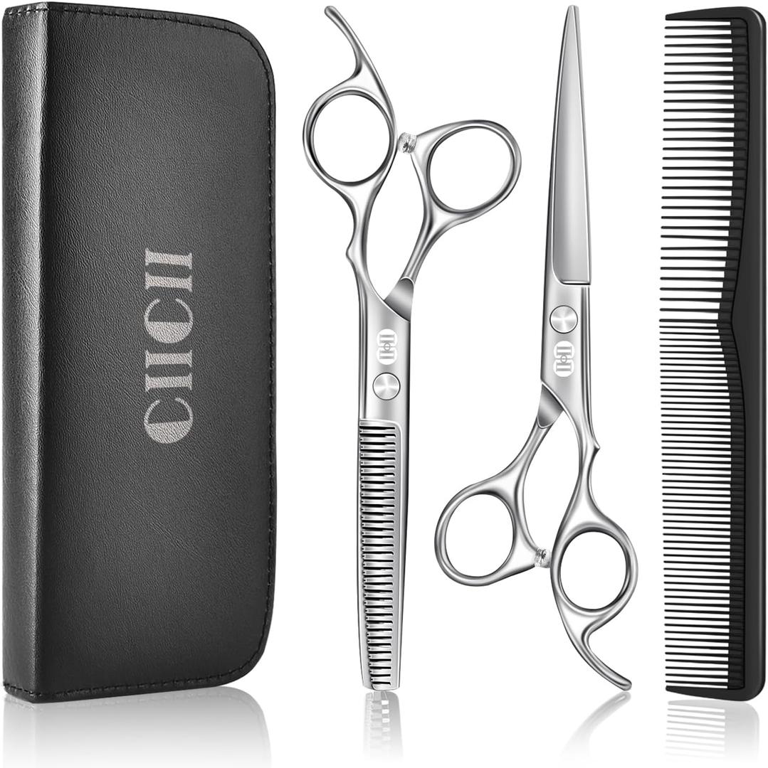 CIICII Hair Cutting Scissors Shears Kit, Professional Barber Haircut Scissors Set (6.7 Inch Hair Beard Hairdressing Trimming Haircutting Thinning Shears) for Men Women Hairdresser Home Salon (Silver)