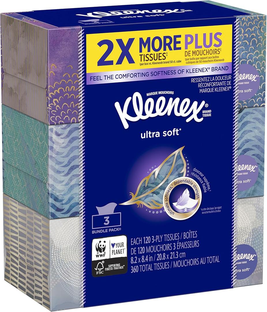 Kleenex Ultra Soft & Strong Facial Tissues, 120 Tissues per Flat Box, 3 Pack