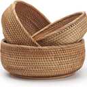 Round Rattan Fruit Baskets Woven Storage Bowls Key Holder Stackable for Shelf Kitchen Tabletop Natural Set of 3