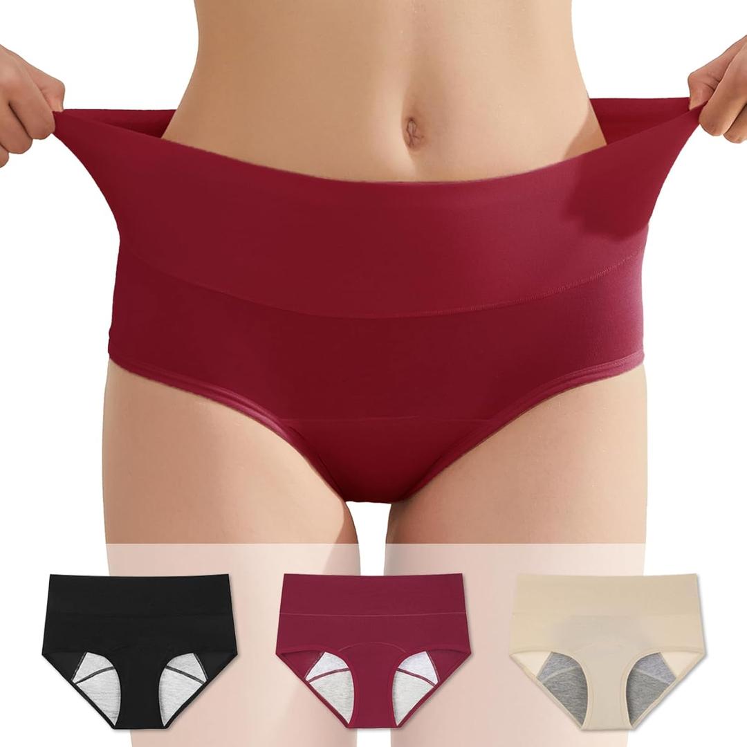 Washable Incontinence and Post partum Underwear, Bladder Leak Panties, Non-Disposable Period, Menstrual Absorbent Brief (X-Large, Black/Red/Beige)
