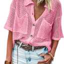 Fisoew Womens Crochet Lightweight Cardigan Sweaters Short Sleeve Summer Button Down Collared Loose Cover Up Shirts (Pink, M)
