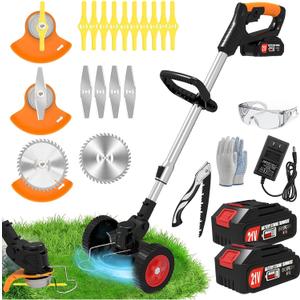 Electric Weed Wacker Cordless Eater Battery Powered, 21V Lightweight No-String Weed Trimmer with 2 Battery Operated & Wheels, 3 in 1 Stringless Grass Trimmer/Edger/Brush Cutter for Garden Yard Lawn