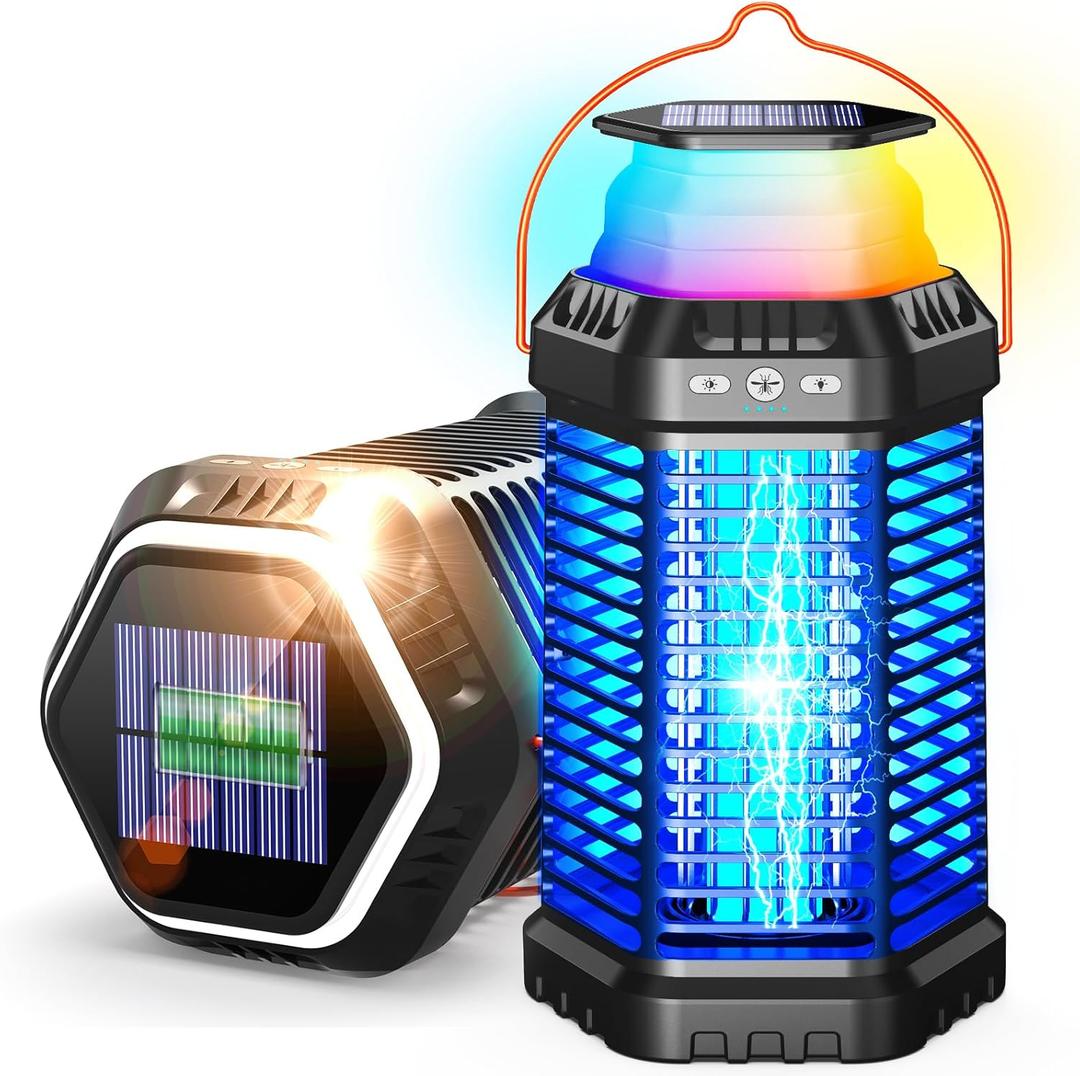 Solar Bug Zapper Outdoor & Indoor, 4500V Ultra-Effective Mosquito Zapper, 6000mAh Rechargeable Insect Zapper, Foldable 2-in-1 Light, IP66 Waterproof for Patio, Camping, Bedroom, Kitchen