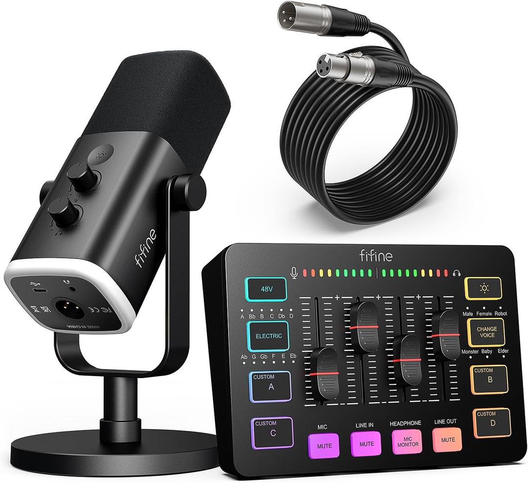 FIFINE Gaming Equipment Bundle, Dynamic XLR/USB Gaming Microphone Set with Streaming Audio Mixer for Podcast Recording Video Vocal, RGB Gamer Set with Volume Fader/XLR Interface for PCAmpliGame KS5