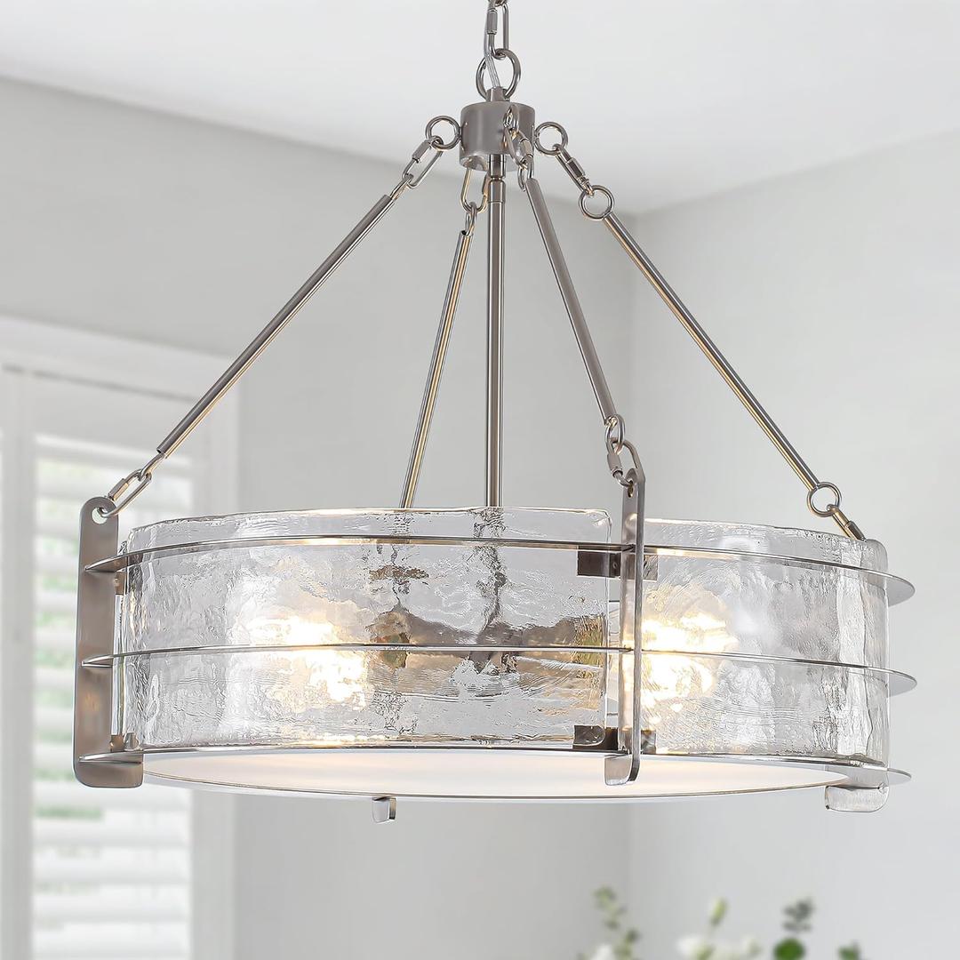 Modern Chandeliers for Dining Room, 20" Brushed Nickel Textured Glass Chandelier Luxury Light Fixture Drum Hanging Lighting for Dining Room Kitchen Island Living Room Hallway Bedroom