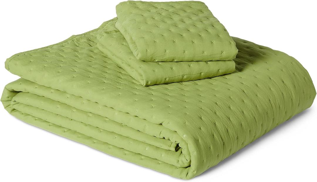 Amazon Basics Brushed Microfiber Quilt Set, Extra Soft with Natural Texture, 3-Piece, Queen/Full, Green