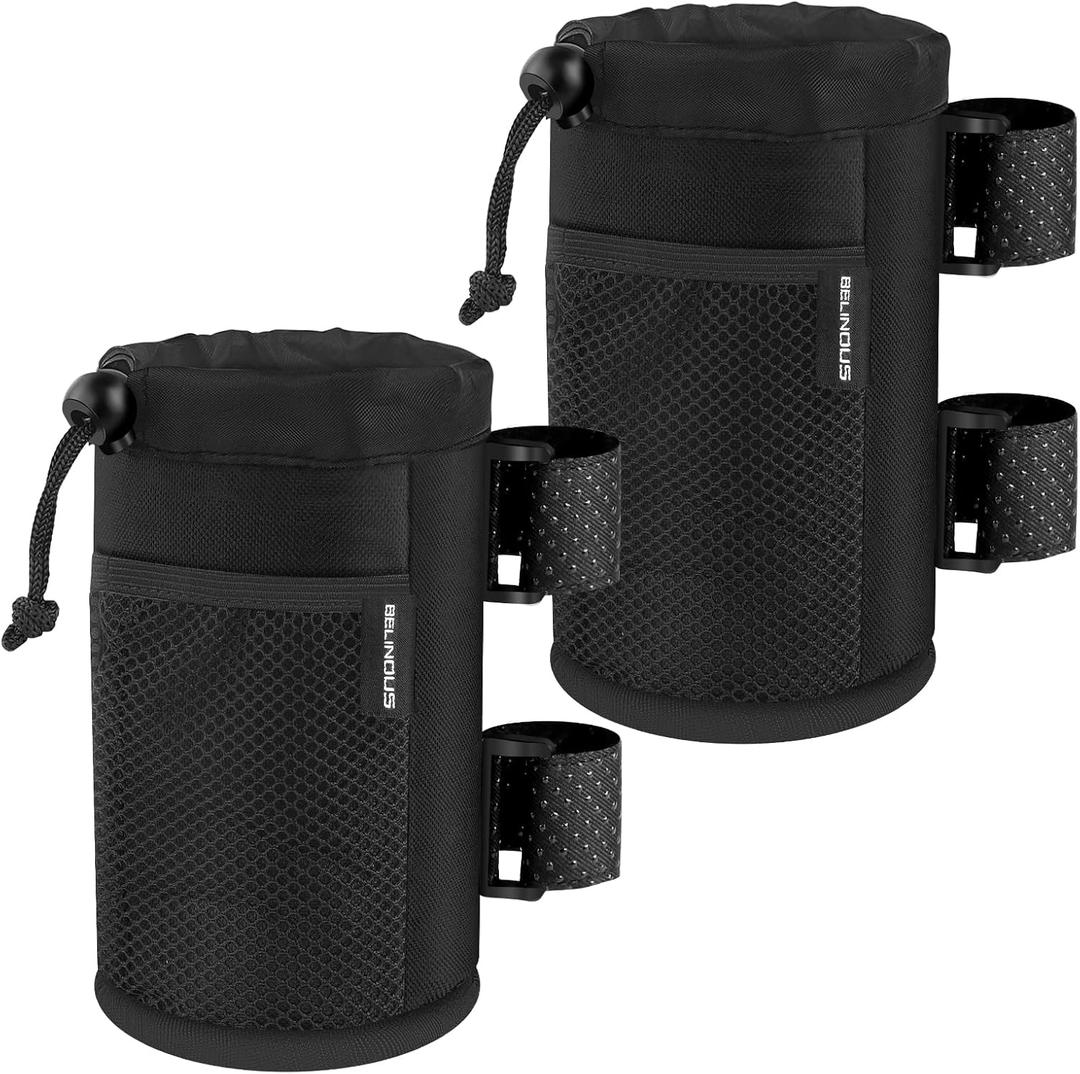 2 Pack UTV Cup Holder for 8-32oz Bottles, Roll Bar Water Bottle Holder for UTV Wheelchair Walker Bike e-Bike Golf Cart Scooter and Boat, Drink Holder with Net Pockets and Hook and Loop Straps