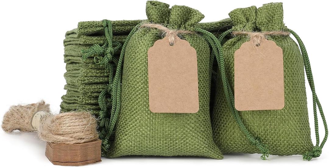 Tapleap Green Small Burlap Gift Bags with Drawstring - 50Pcs 3x4 Sacks for Wrapping Mother's Day Favors, Jewelry, Wooden Cross, Crucifix, For Small Business, Church, Birthday, Gathering