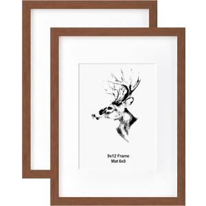 Yaetm 9x12 Picture Frame with Mat for 6x8 Set of 2, Walnut Brown, Solid Wood Photo Frames 9 x 12 with Tempered Glass, Display Horizontal and Vertical for Wall Mounting (2 pack, Walnut)