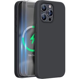 Miracase for iPhone 15 Pro Max Case, [with 2X Screen Protectors], Compatible with MagSafe, Liquid Silicone Case Shockproof Drop Protection Phone Case for 15 Pro Max, Black Magnetic