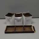 Rae Dunn Bathroom Containers for Organizing - Storage Canister Set of 3 with Lids and Wood Tray - Home Decor, Bathroom Vanity Organizer, Toilet Tank Topper, Makeup and Accessories Holder