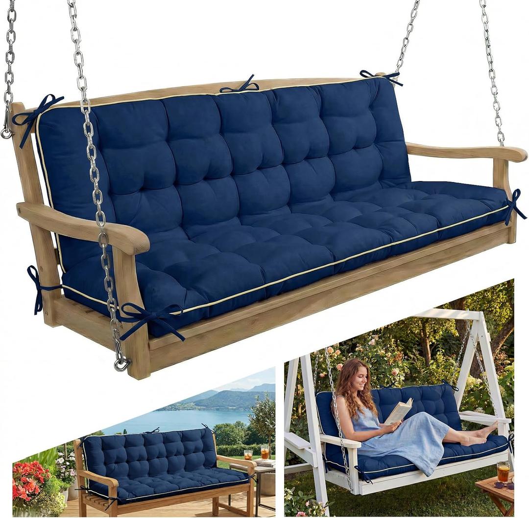 AS AWESLING 6040 INCH Oxford Fabric Swing Cushions with Backrest & Tie Straps - Crushed Sponge Filled for Outdoor Patio Bench, 2-3 Seater Replacement for Swing Chair (Blue, 60 INCH 40 INCH)