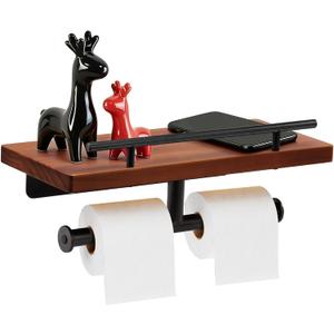 Toilet Paper Holder with Wood Shelf, Wall Mount Toilet Paper Roll Holder with Wooden Shelf and Matte Black Stainless Steel Pipe, Tissue Roll Holder for Bathroom Washroom (Dark Brown, 13.8'' x 5.9'')